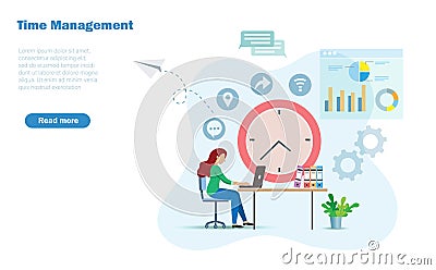 Businesswoman working at desk analysing business strategy and solution at office, with clock and business icons background. Stock Photo