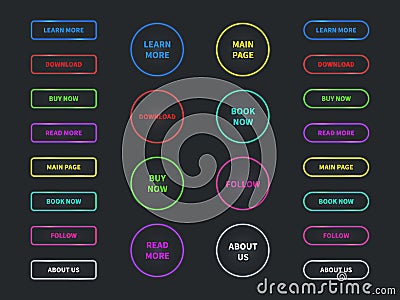 Web buttons. Neon glowing navigation button. Buy, now and learn, more. Download and read, labels for shop or game ui Vector Illustration
