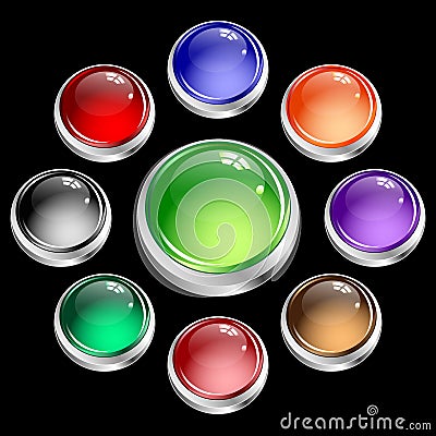 Web buttons round set in silver casing Vector Illustration