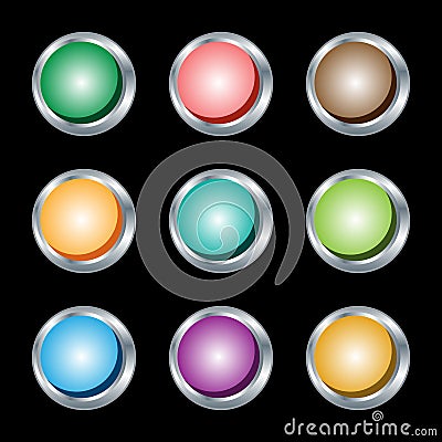 Web buttons, round with silver metallic rims. Vector Illustration