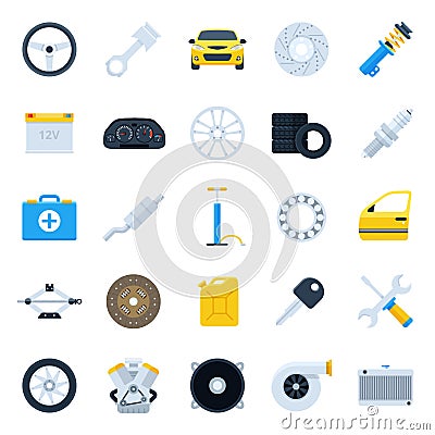 Car service cartoon icons set. Repair and maintenance Illustration. Colorful flat vector illustrations of car parts Vector Illustration