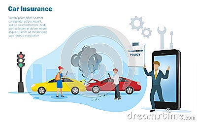 Cars crashed on the street with man and woman drivers calling insurance broker agent on smart phone holding insurance policy. Vector Illustration