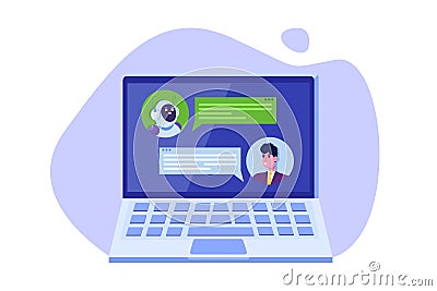 Chatbot concept. Man talking to robot. Customer support service android, artificial intelligence dialog Vector Illustration
