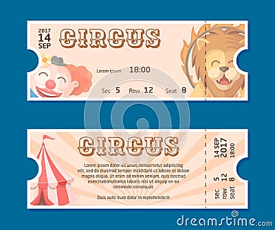 Circus show entrance tickets template.Colorful horizontal vector pass in cartoon flat style with trained lion, clown, circus tent Vector Illustration