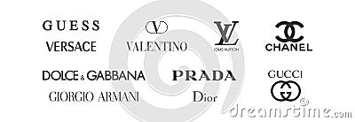 Clothing brand set icon. Valentino Top popular logo: Valentino, Versace, Guess, Dior, Louis Vuitton, Giorgio Armani, Dolce & Gabba Vector Illustration