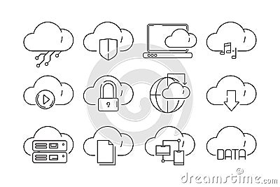 Web cloud services icons. Internet sync computer technology infographic vector linear symbols isolated Vector Illustration