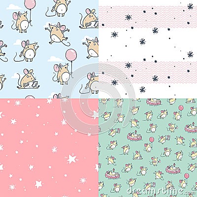 Collection of adorable seamless patterns with cute mice characters, air balloons and stars. Vector Illustration