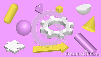 Colored 3D minimalistic shapes on violet background. Vector 3d background for your design. Abstract vector illustration. Vector Illustration