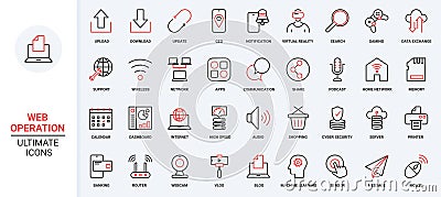 Web communication trendy red black thin line icons set, upload, download and update data and geo location Vector Illustration
