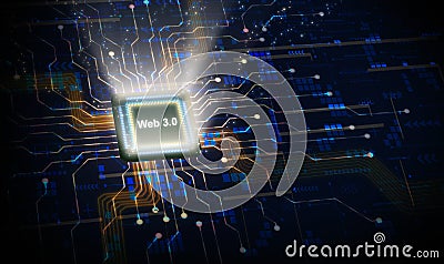 WEB 3.0 concept. A powerful Central Computer Processor or CPU is working at its maximum capacity on web3 technology to define a Stock Photo