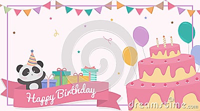 The panda stood beside the gift box with a cake decorated with balloons, flags and candy in many colors at the birthday. Vector Illustration