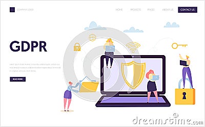 Web Data Internet Security Landing Page. Digital Information GDPR Technology Protection. Business Character Vector Illustration