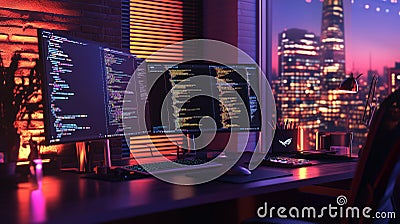 Night City Programmer Workspace Modern Desk Setup Coding Screens view neon dark code glow mouse Stock Photo