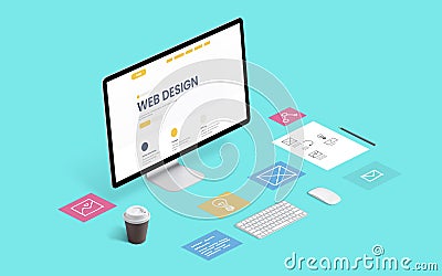 Web design company page layout isometric view computer desk Stock Photo