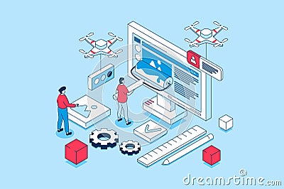 Web design concept in 3d isometric design. People creating pages layouts with content, making banners and homepages, programming Vector Illustration