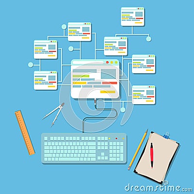 Web design concept vector flat illustration design. Page website building process development Vector Illustration