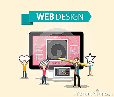 Web Design DTP Concept with Creative Designers and Computer Vector Illustration