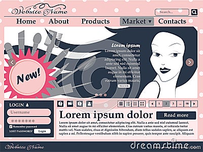 Web design elements in pink and black colors for the site of womens cosmetics. Template. Cartoon Illustration