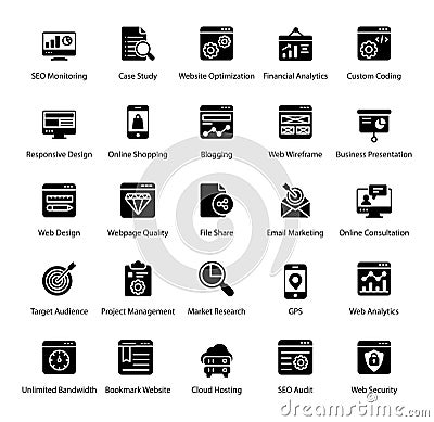 Seo and Web Glyph Icons Pack Vector Illustration