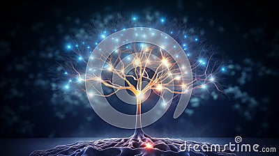 web design of human brain tree with glowing impulse Stock Photo