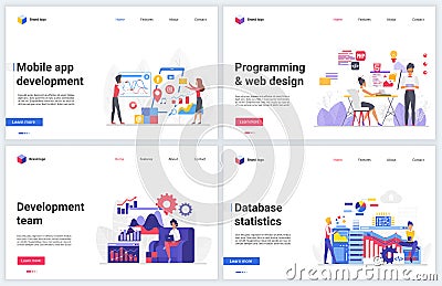 Web design programming development vector illustrations, creative banner set with developer designer team tests, builds Vector Illustration