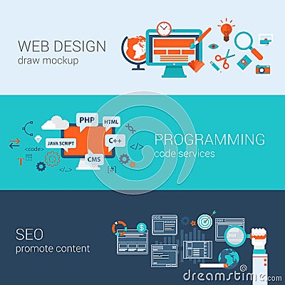 Web design programming SEO concept flat web banners set vector Vector Illustration