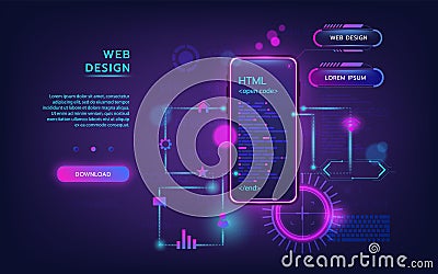 Web design. Software mobile app download landing. Website UI template. Digital HTML code. Smartphone programming. Phone Vector Illustration