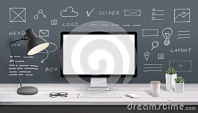 Web design studio computer display mockup. Display surrounded by web site sketched parts Stock Photo