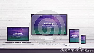 Web design studio concept with flat design responsive web site on display devices Stock Photo