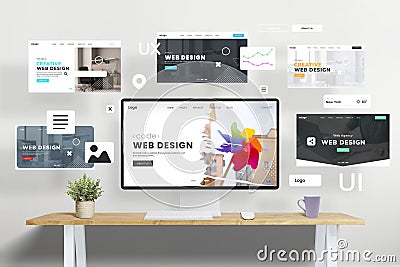 Web design studio concept pages flying around with web page modules, showcasing the creative process Stock Photo