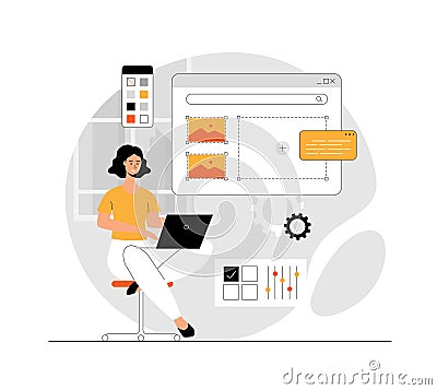 Web design studio, site development company. Web designer build user friendly interface. Illustration with people Vector Illustration