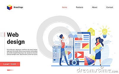Web design technology vector illustration with designer people create digital content for mobile application, work Vector Illustration