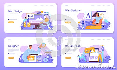 Web designer web banner or landing page set. Interface and content Vector Illustration
