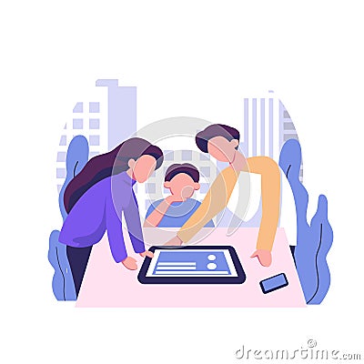 Web designer and clients communication. Presenting, discussing digital project, website at work. Showing site design to customers Vector Illustration