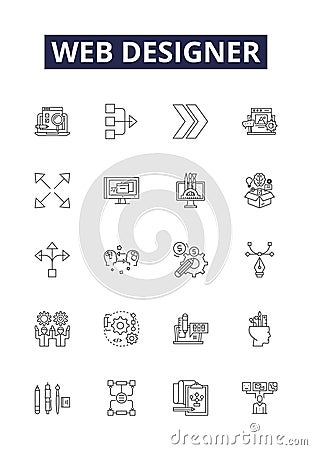 Web designer line vector icons and signs. Designer, CSS, HTML, Javascript, UX, UI, Markup, Layout outline vector Vector Illustration