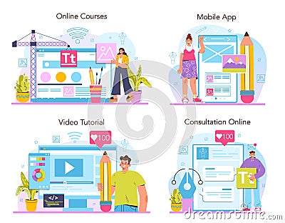 Web designer online service or platform set. Interface and content presentation Vector Illustration