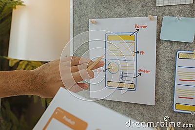 A web designer is using his idea to create a digital product design project that will meet the needs of users in terms of both Stock Photo