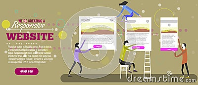 Web designers creatign responsive website. Tiny people making site. Vector illustration. Vector Illustration