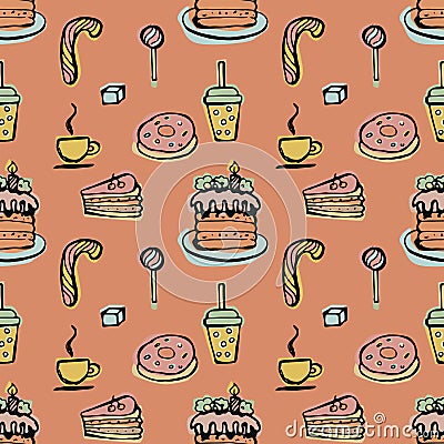 Desserts seamless pattern on a pink background. Hand drawn vector doodle Cartoon Illustration