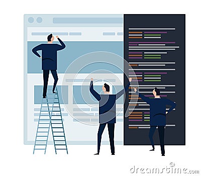 Web develop and web design team ,and people business team working on wireframe coding programming concept small people Vector Illustration