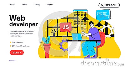 Web developer concept for landing page template. Designer develops site layout and writes code. Online page development people Vector Illustration