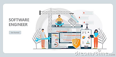 Web developer concept vector for landing page. Programmer constructs website using crane and writes code. Software Vector Illustration