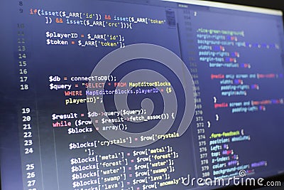 Web developer PHP and CSS3/LESS/SASS code close up. Database connecting code Stock Photo