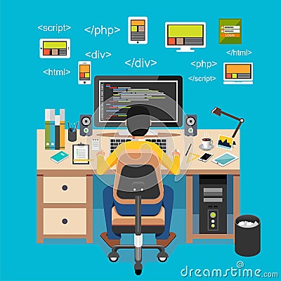 Web developer. Website development. Programmer working on computer Vector Illustration