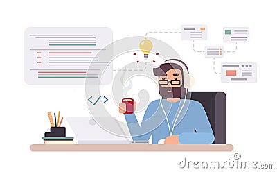 Web-developer works on laptop. Horizontal banner with young programmer on job. Colorful vector illustration in flat Vector Illustration
