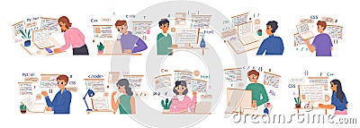 Web developers and coder build projects. Programming, seo web coding characters. Young programmers, snugly female and Vector Illustration