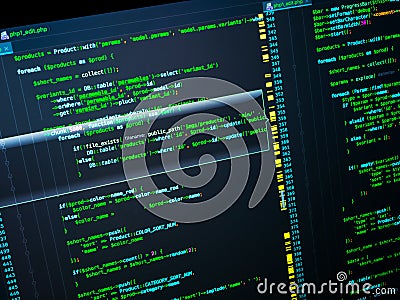 Web developing of the site using php language. Php code in the editor, macro Stock Photo