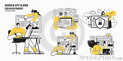 Web development agency abstract concept vector illustration set. Front and back end development, responsive web design Vector Illustration