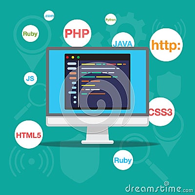 Web development and coding. programming concept. Computer and icons company network Vector Vector Illustration