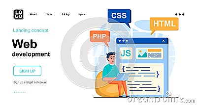 Web development concept. Man develops product, webpage layout Vector Illustration